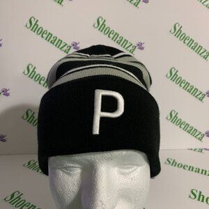 PUMA Beanie P Stripe Hat Cuffed Knit Cap Enjoy Golf Black White Gray OSFM